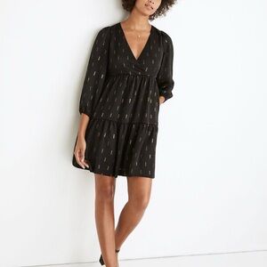NWT Madewell Faux Wrap Mini Dress in Black with Gold Details Size S